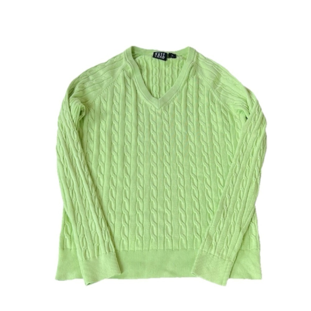 Kate Lord Cotton Cashmere Lime Light Green V Neck Pullover Long Sleeve Sweater M